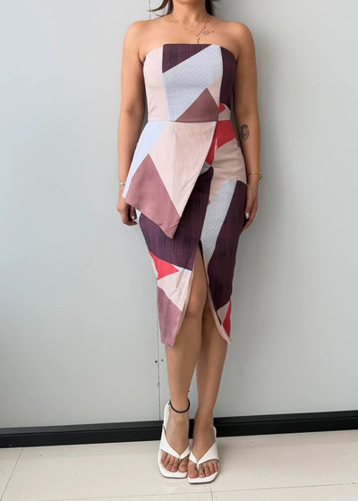 Size S-M, Abstract Print Asymmetrical Midi Dress - Closet by Payal