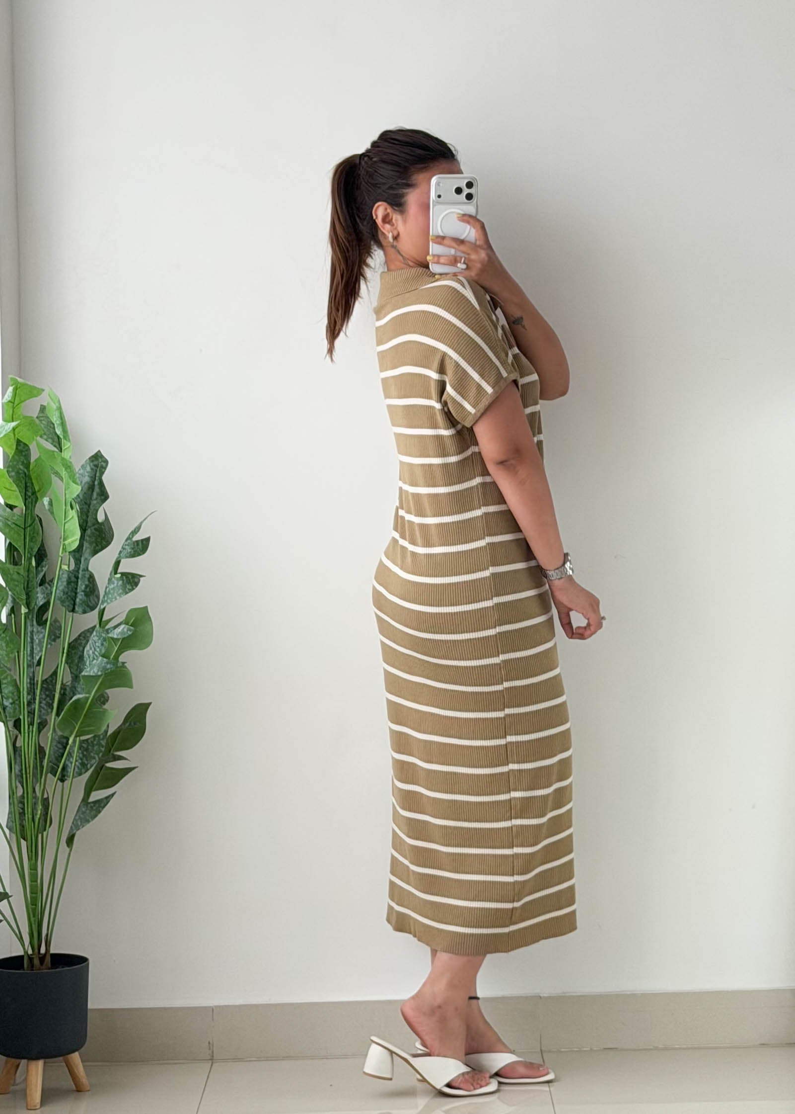Size M-L Khaki Striped Polo Maxi Dress