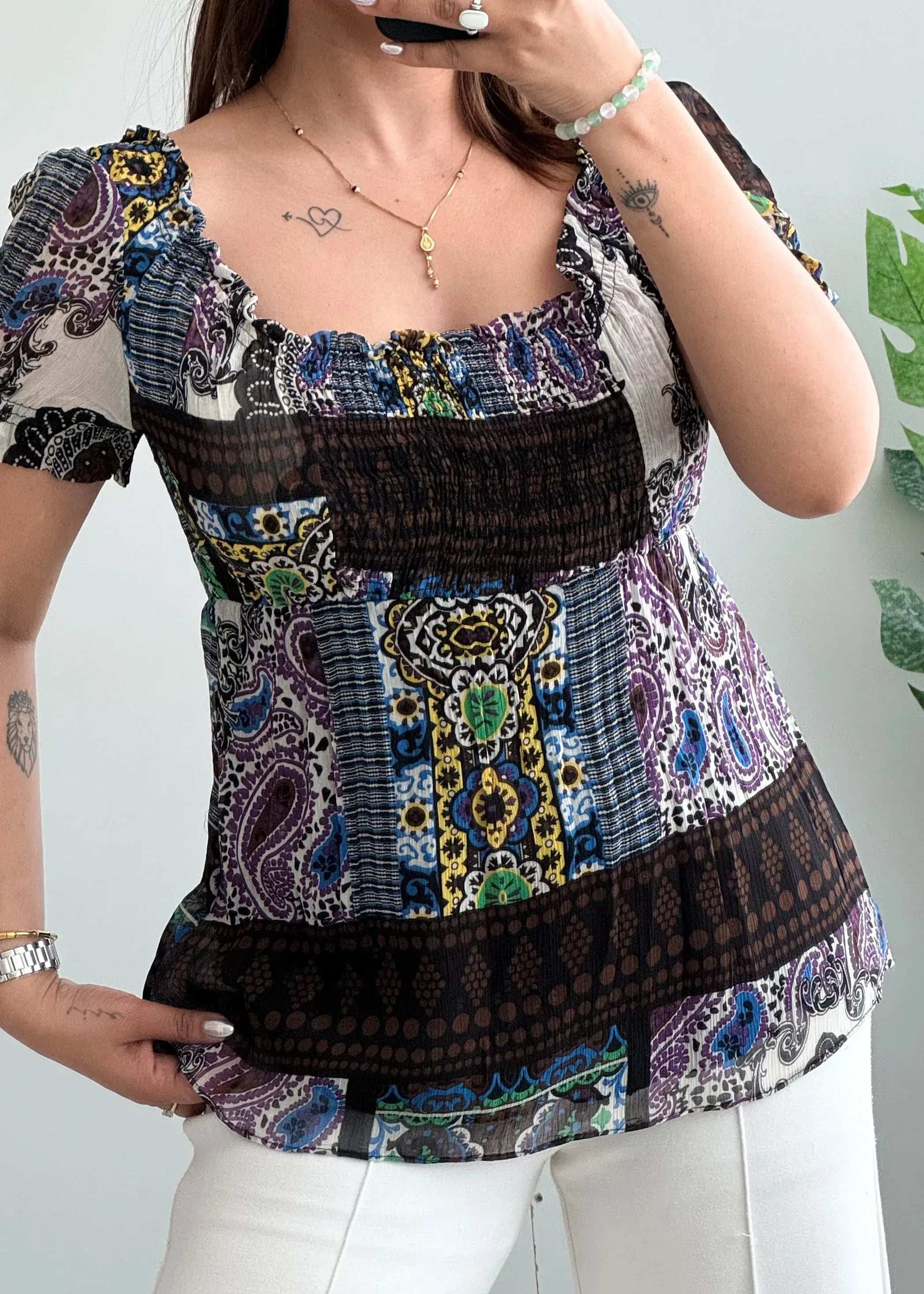 Size M-L, Boho Patchwork Smocked Peplum Top for Women - Closet by Payal
