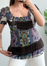 Size M-L, Boho Patchwork Smocked Peplum Top for Women - Closet by Payal