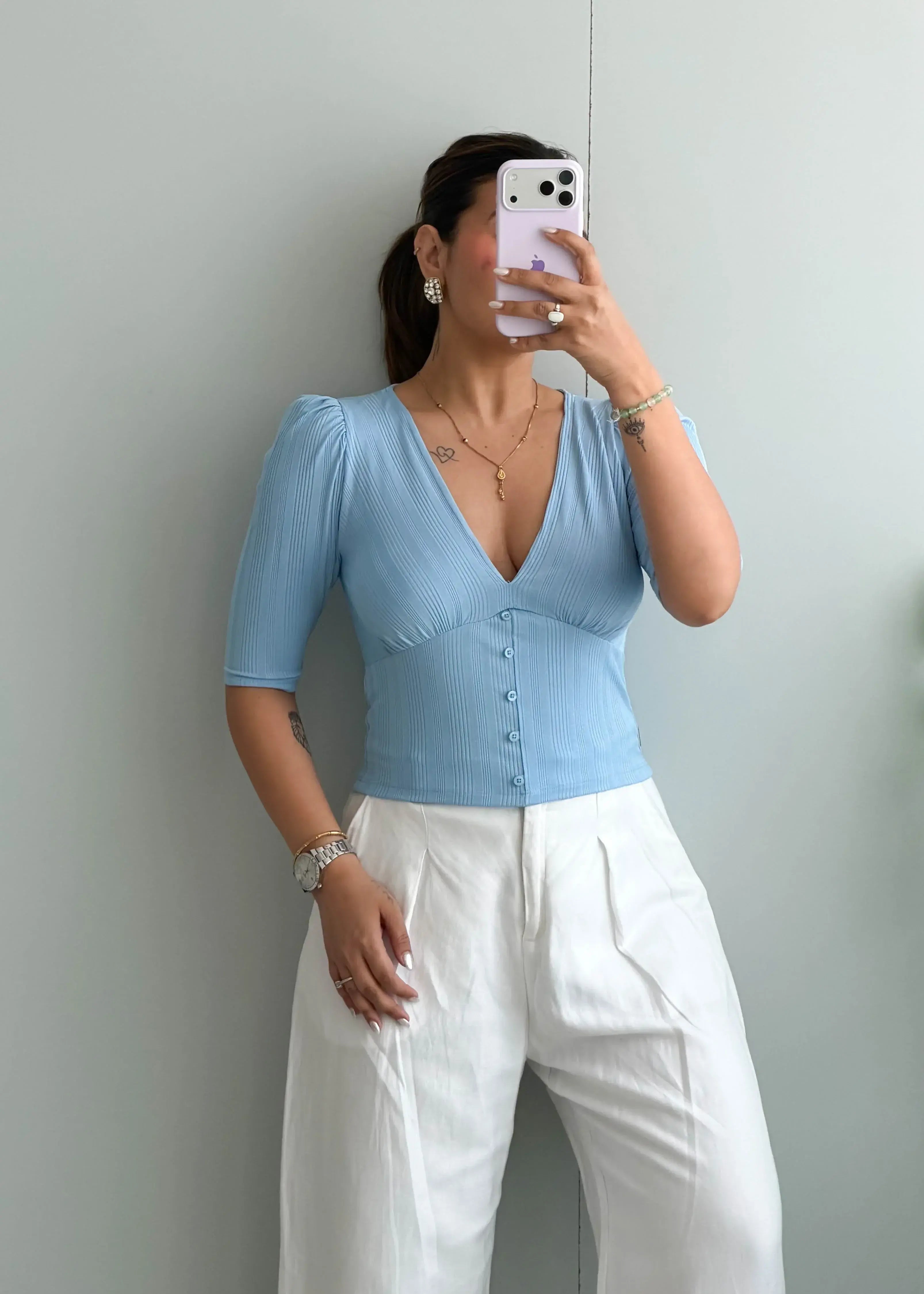 Size S-M, Light Blue Button Front Ribbed Top - Closet by Payal