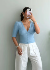 Size S-M, Light Blue Button Front Ribbed Top - Closet by Payal