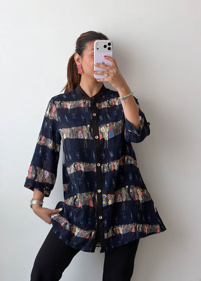M-L Navy Patchwork Print Soft Chiffon Shirt