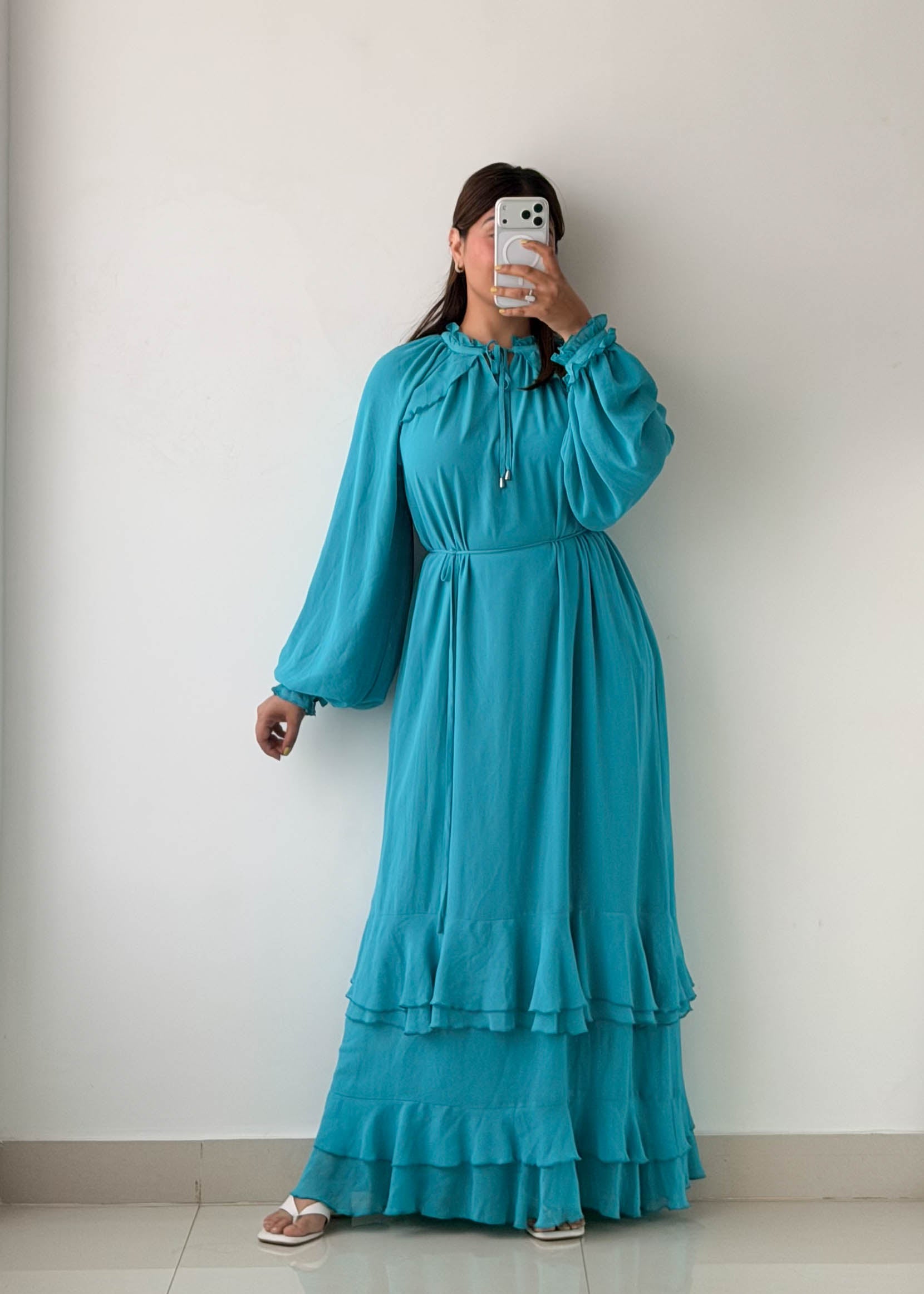 Size M-L Turquoise Chiffon Tiered Maxi Dress