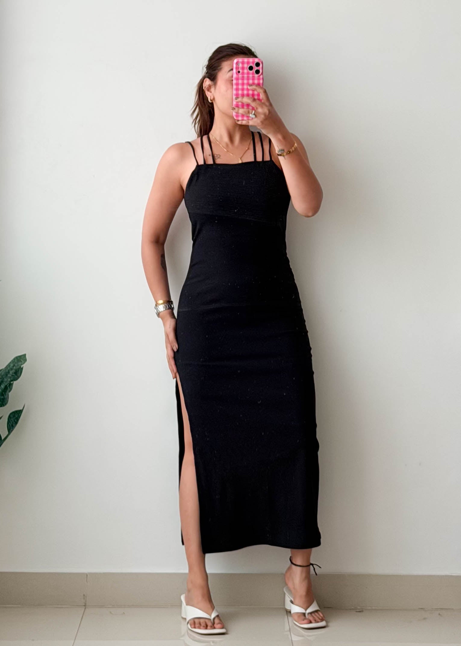 Size S-M Black Strappy Side-Slit Bodycon Maxi Dress