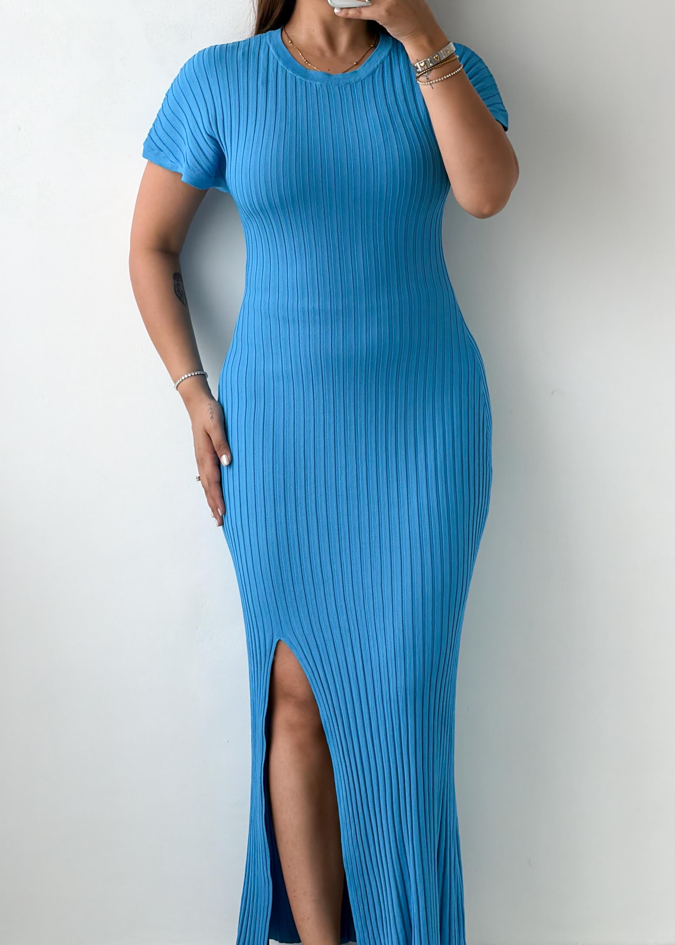 Size S-M Sky Blue Ribbed Knit Maxi Dress