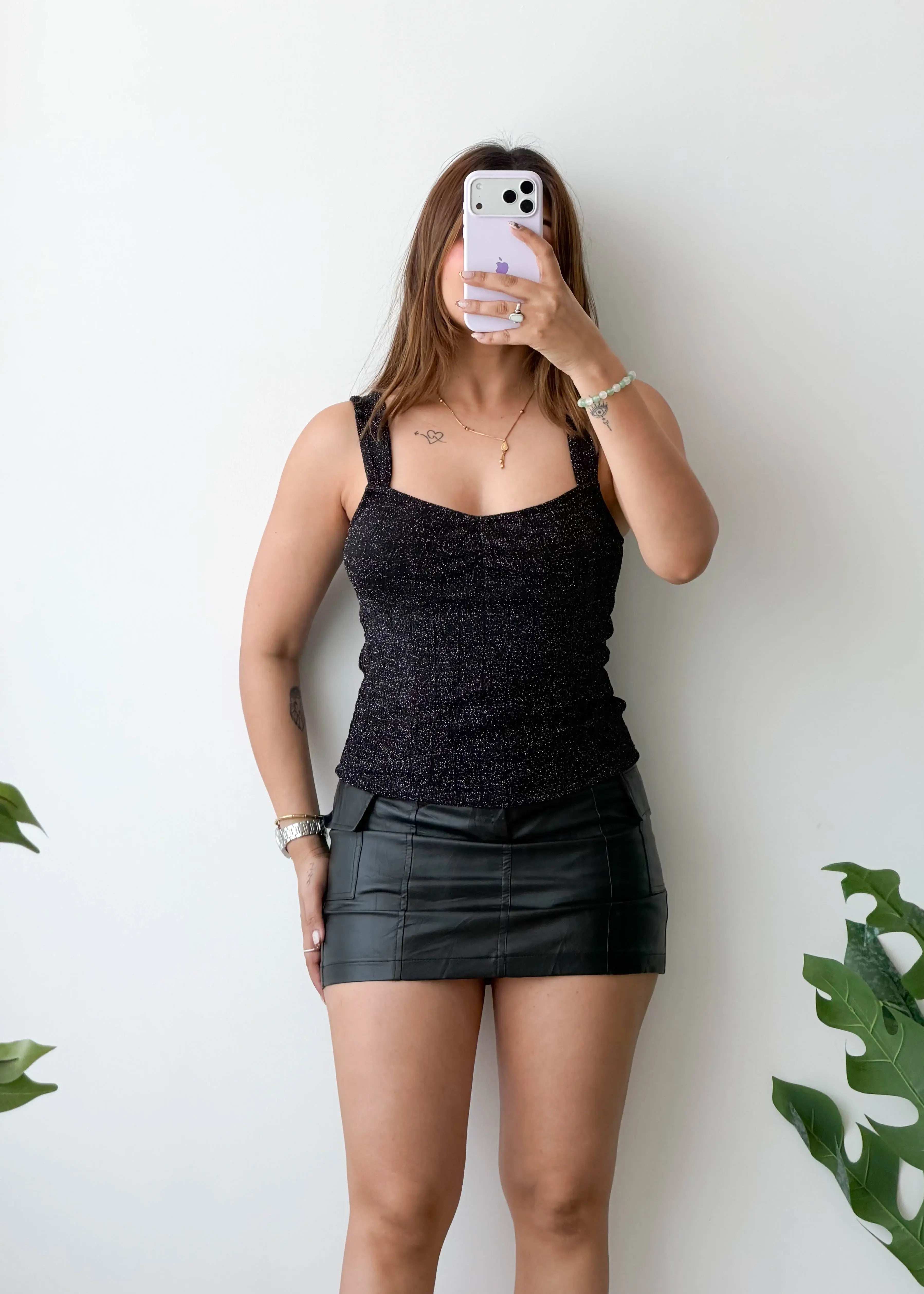 Size S-M, Black Square Neck Shimmer Top