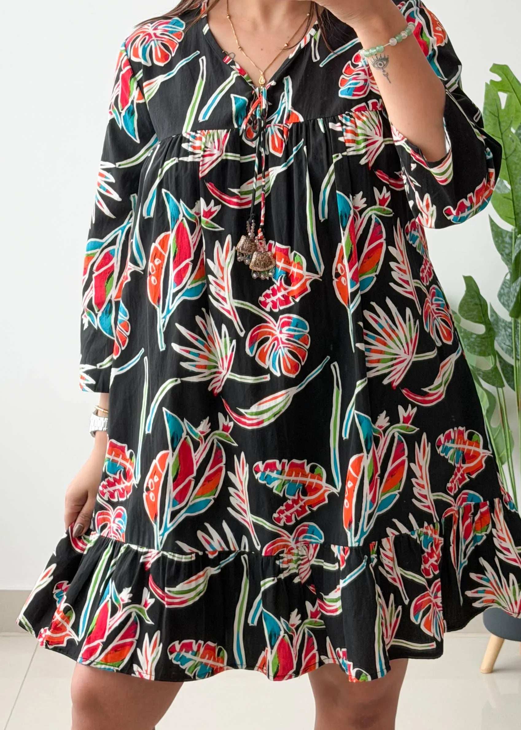 Size S-M, Black Floral Tiered Mini Dress