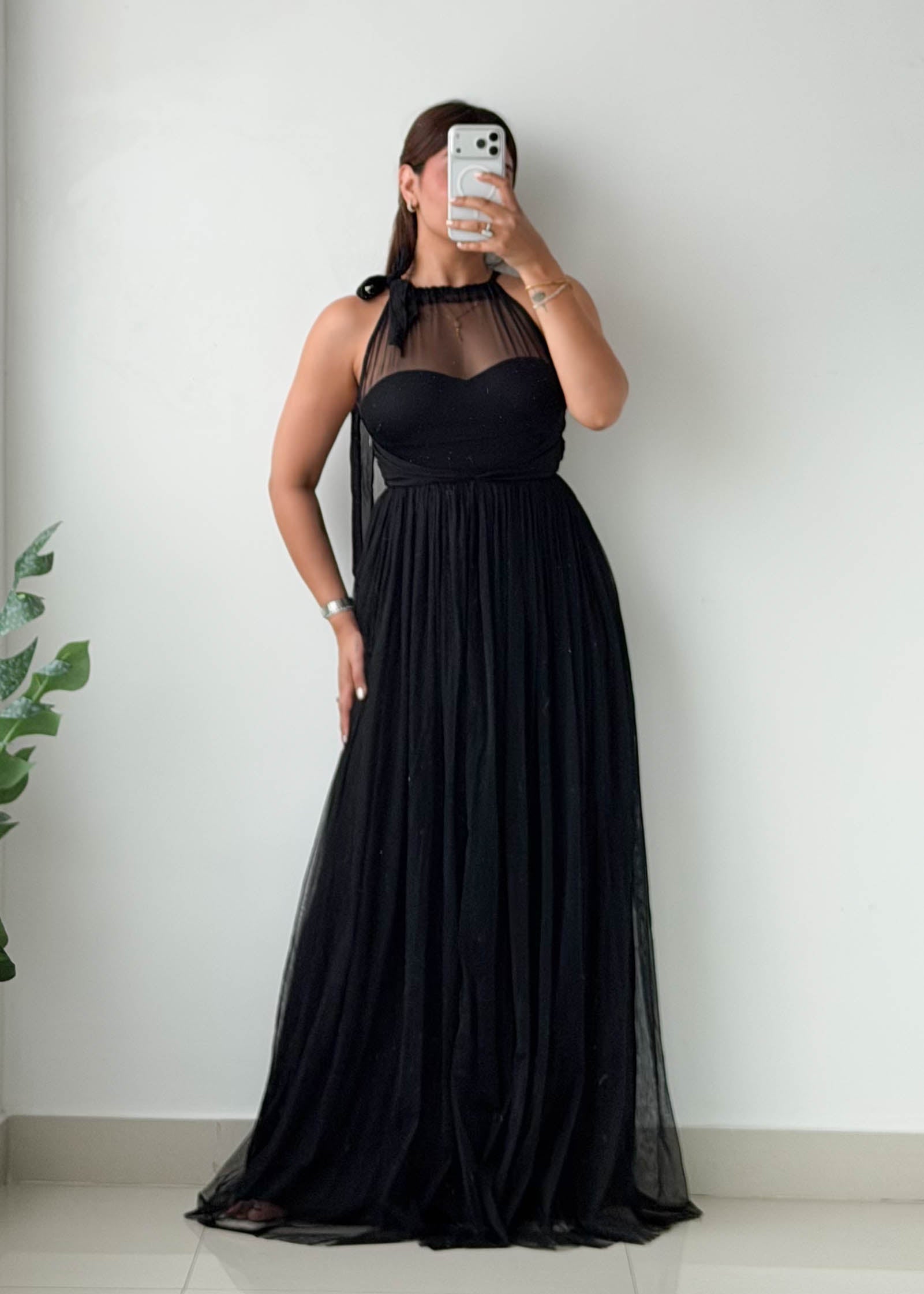 Size XS-S Black Mesh Neck Maxi Dress