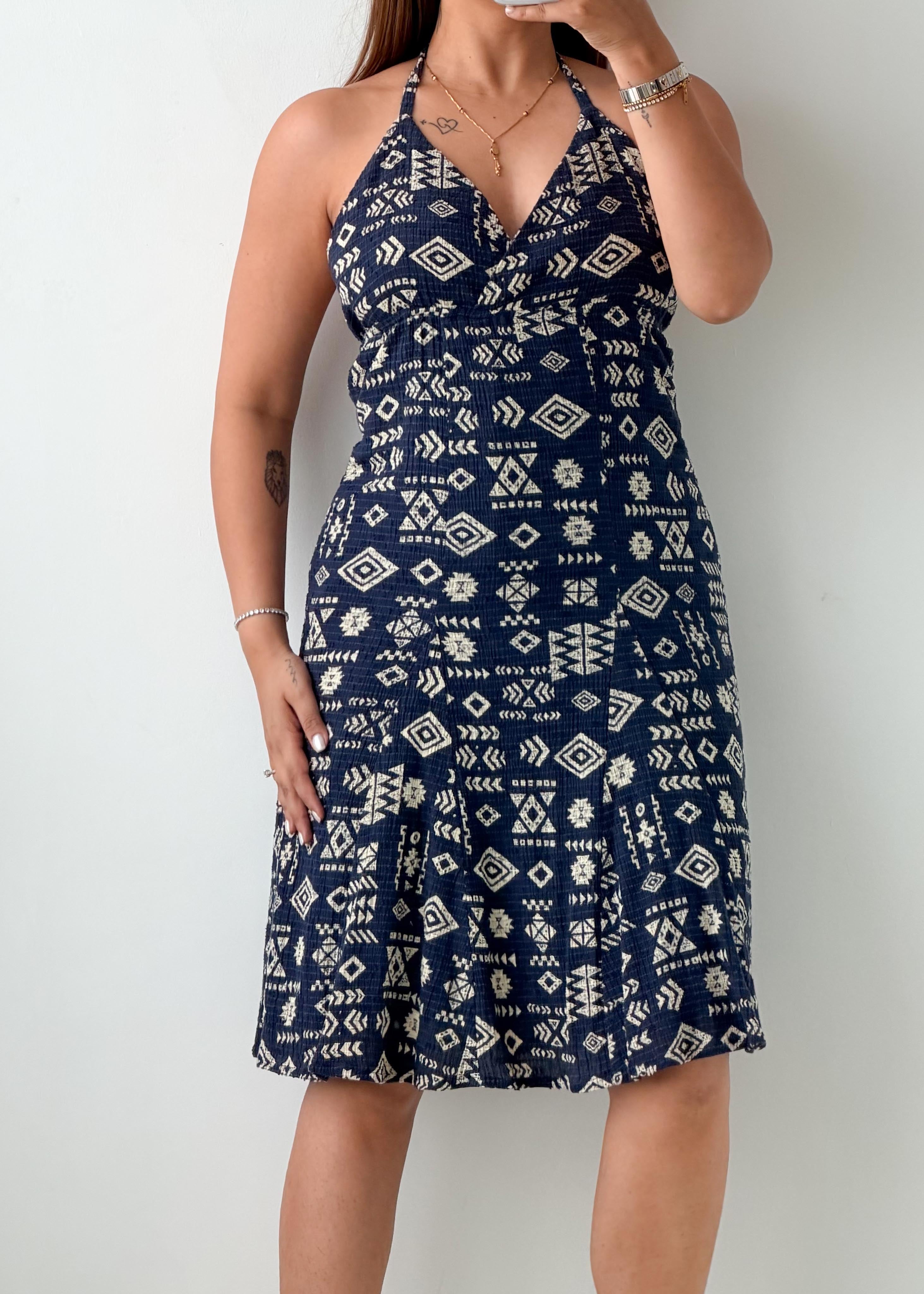Size S-M Navy Printed Halter Mini Dress