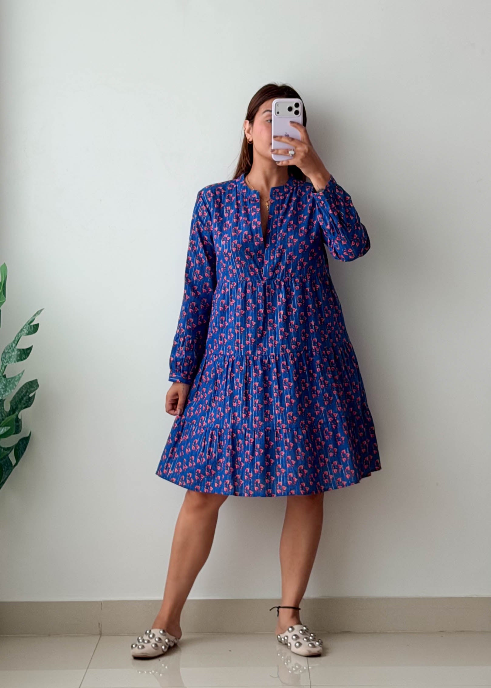 Size XS-S Blue Floral Tiered Mini Dress
