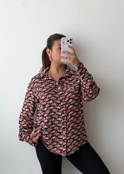 S-M Red Black Typography Print Satin Shirt