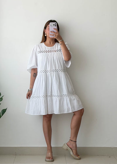 Size L-XL, White Lace Panel Midi Dress