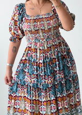 Size M-L Multicolor Printed Smocked Midi Dress