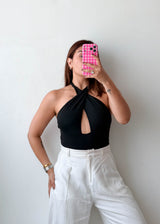 Size S-M Black Halter Cut-Out Bodysuit