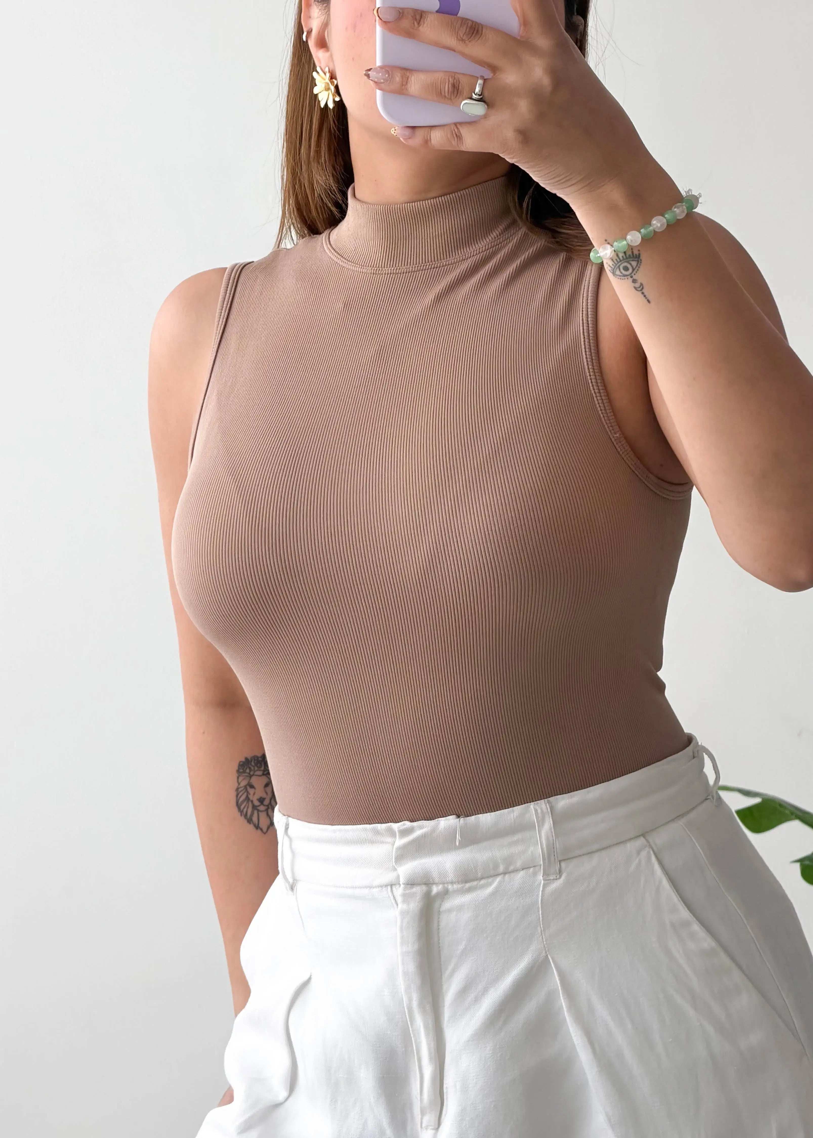 Size XS, Brown High Neck Sleeveless Bodysuit