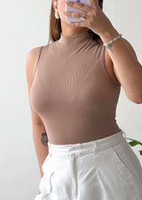 Size XS, Brown High Neck Sleeveless Bodysuit