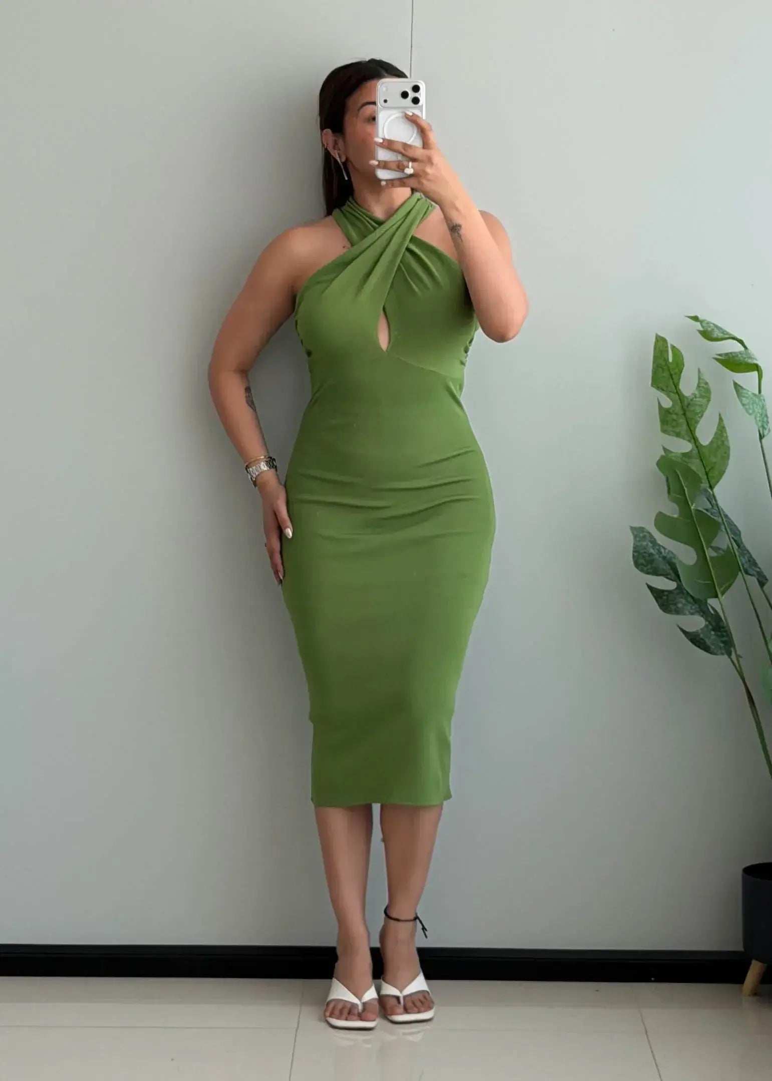 SIZE S-M, Olive Halter Twist Bodycon Midi Dress - Closet by Payal