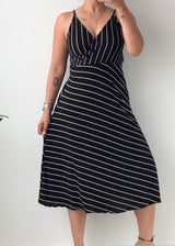 Size L-XL Black Striped Knit Wrap Midi Dress