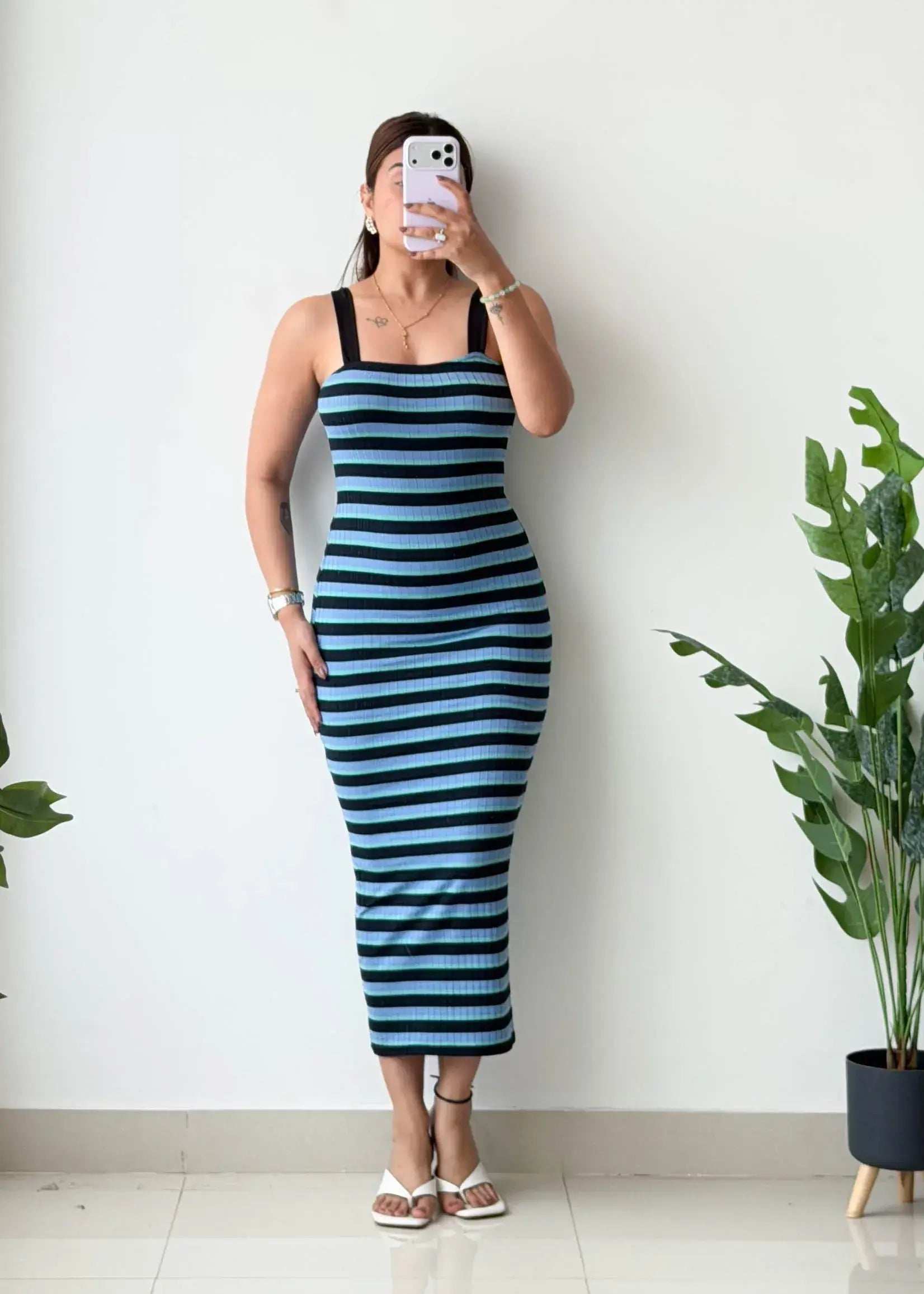 Size S-M, Blue & Black Stripe Ribbed Midi Dress - Closet by Payal