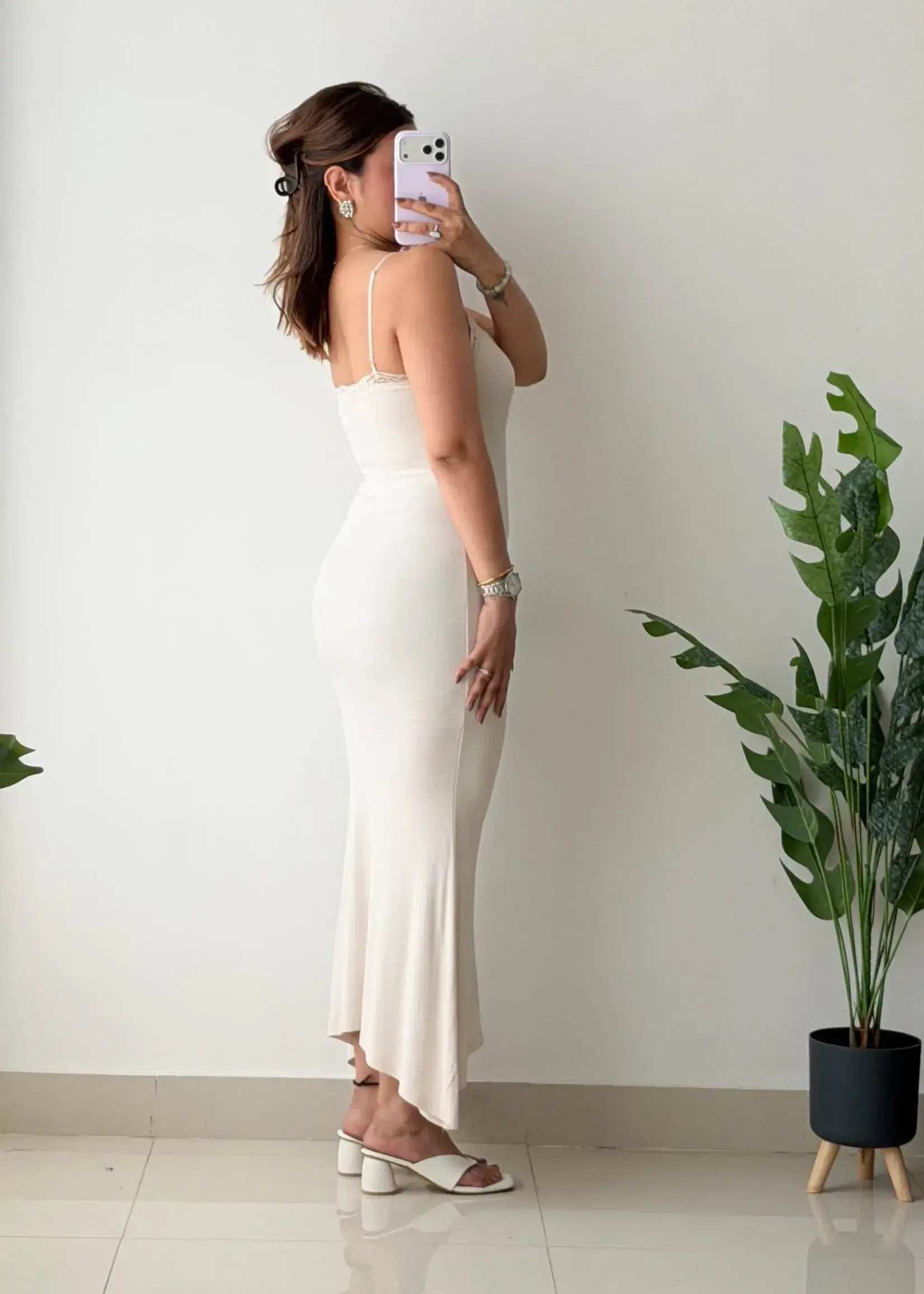 Size XS-S, Beige Lace Trim Maxi Dress - Closet by Payal