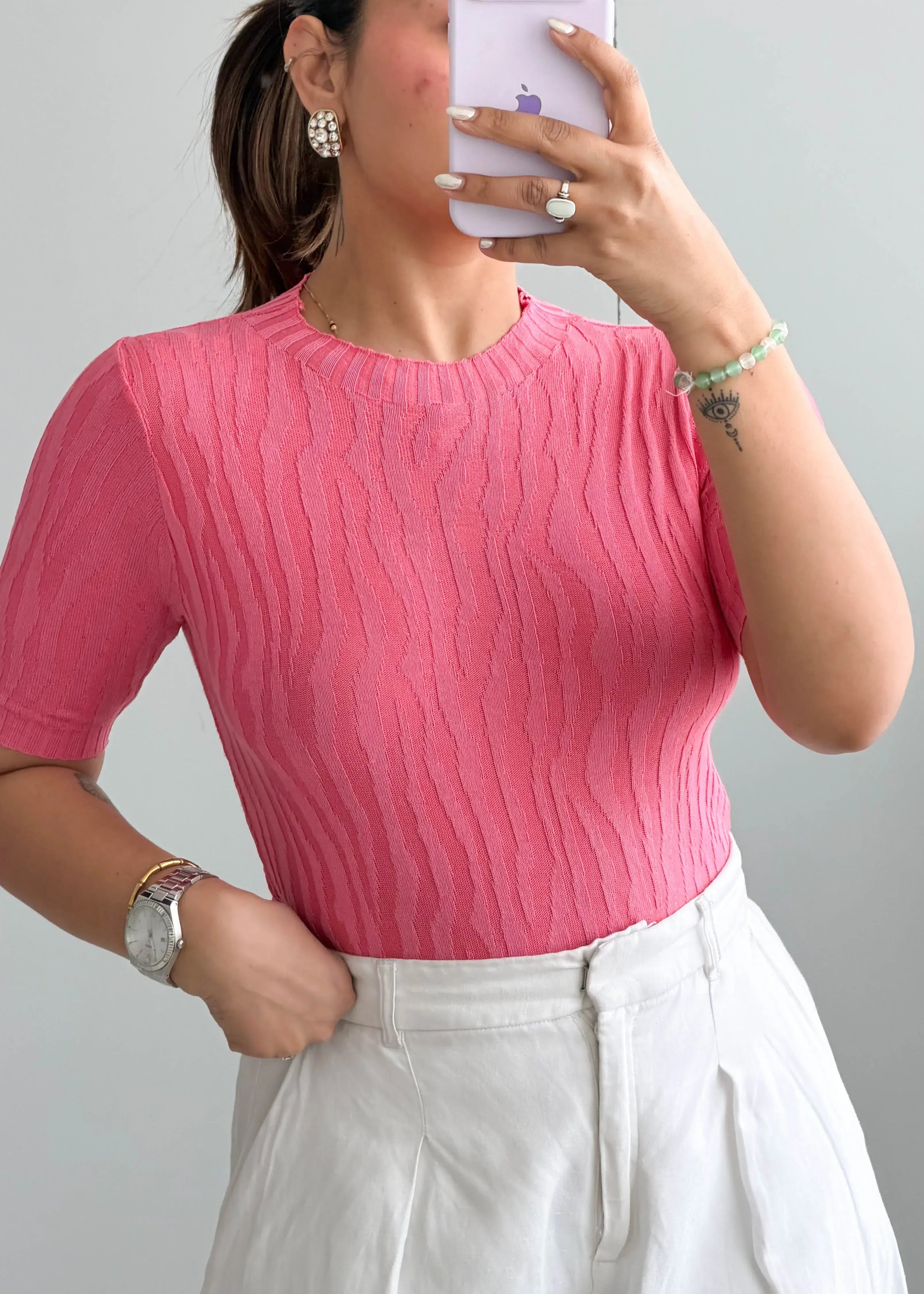 Size S-M, Pink Short Sleeve Ribbed Top - Closet by Payal