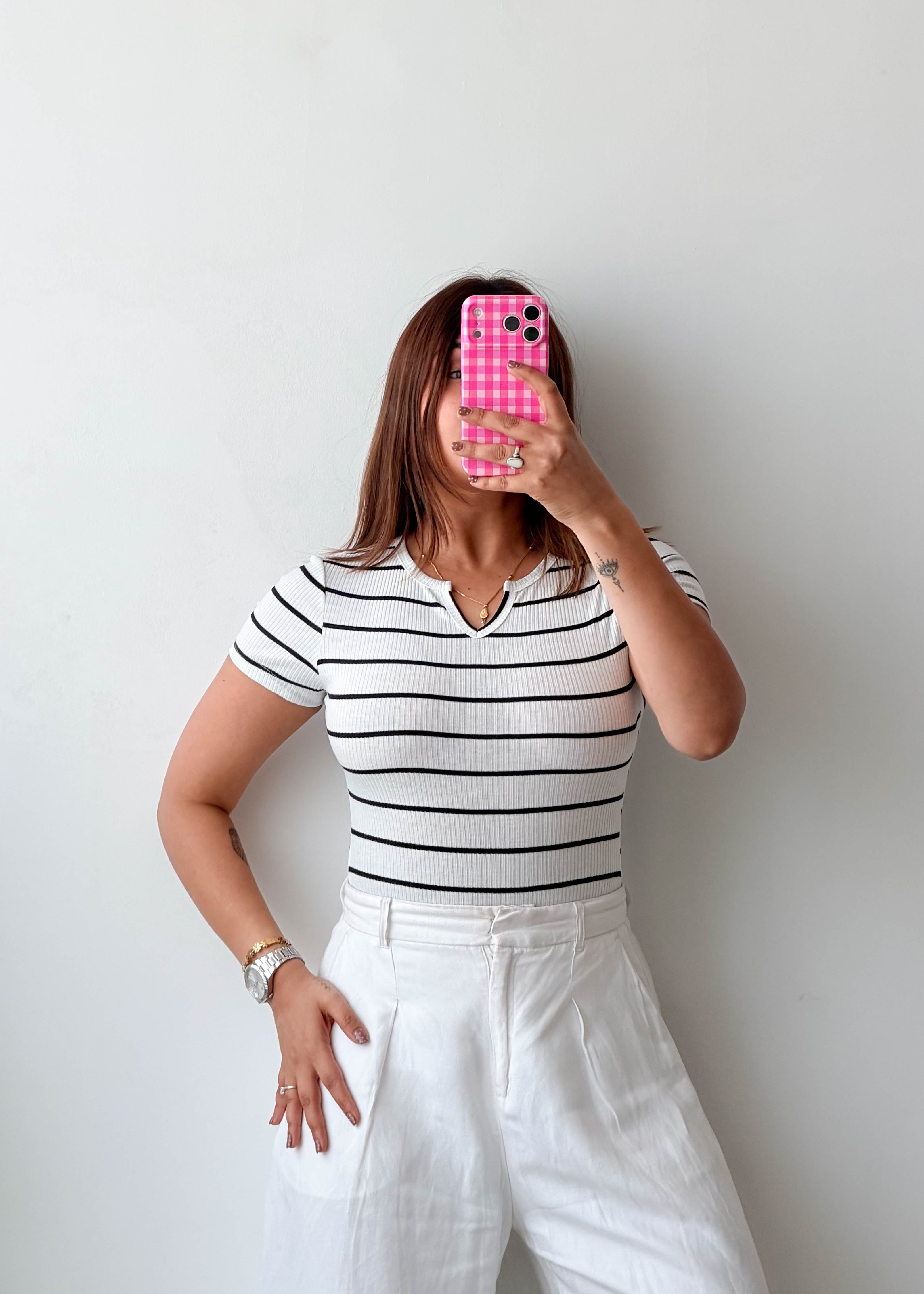 Size XS-S White Striped Collared Bodysuit