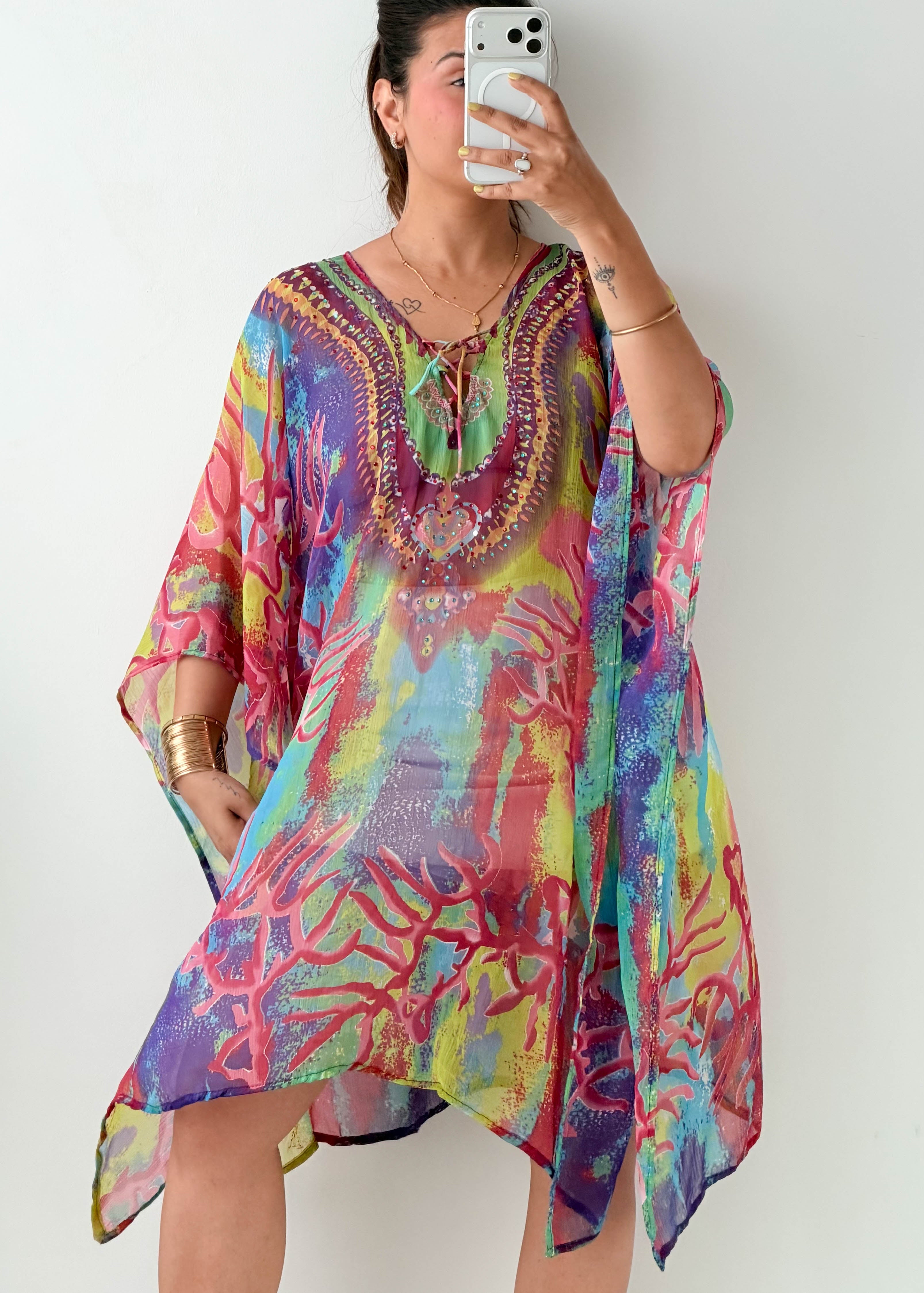 Free Size Multicolor Abstract Kaftan Top