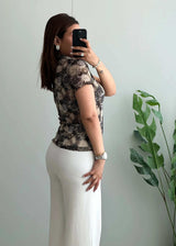 Size XS-S, Vintage Beige Floral Collared Short Sleeve Top - Closet by Payal