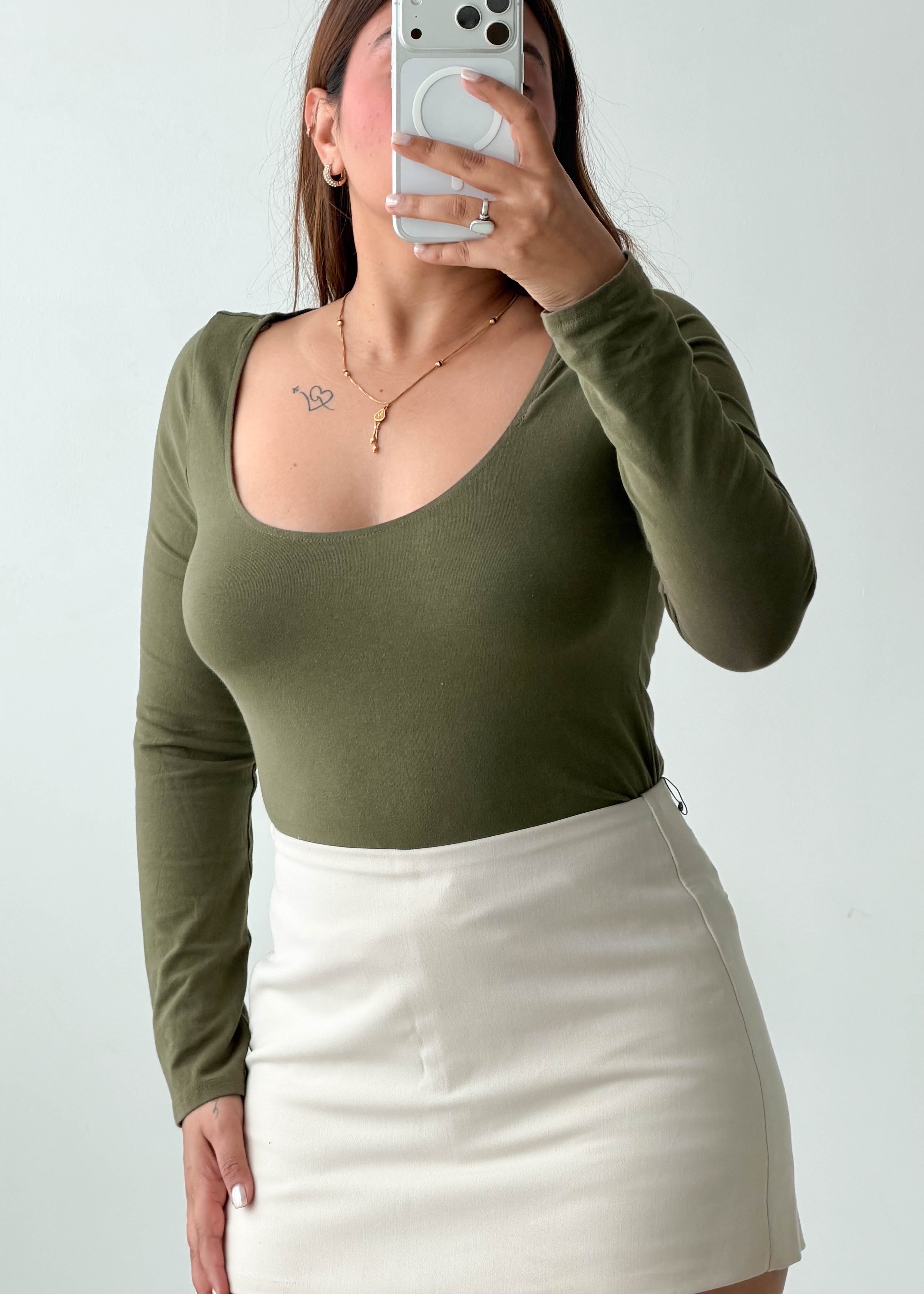 Size M-L Olive Green Long Sleeve Bodysuit
