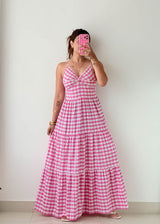 Size S-M Pink Gingham Tiered Maxi Dress