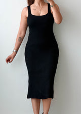 Size S-M Black Ribbed Square Neck Midi Dress