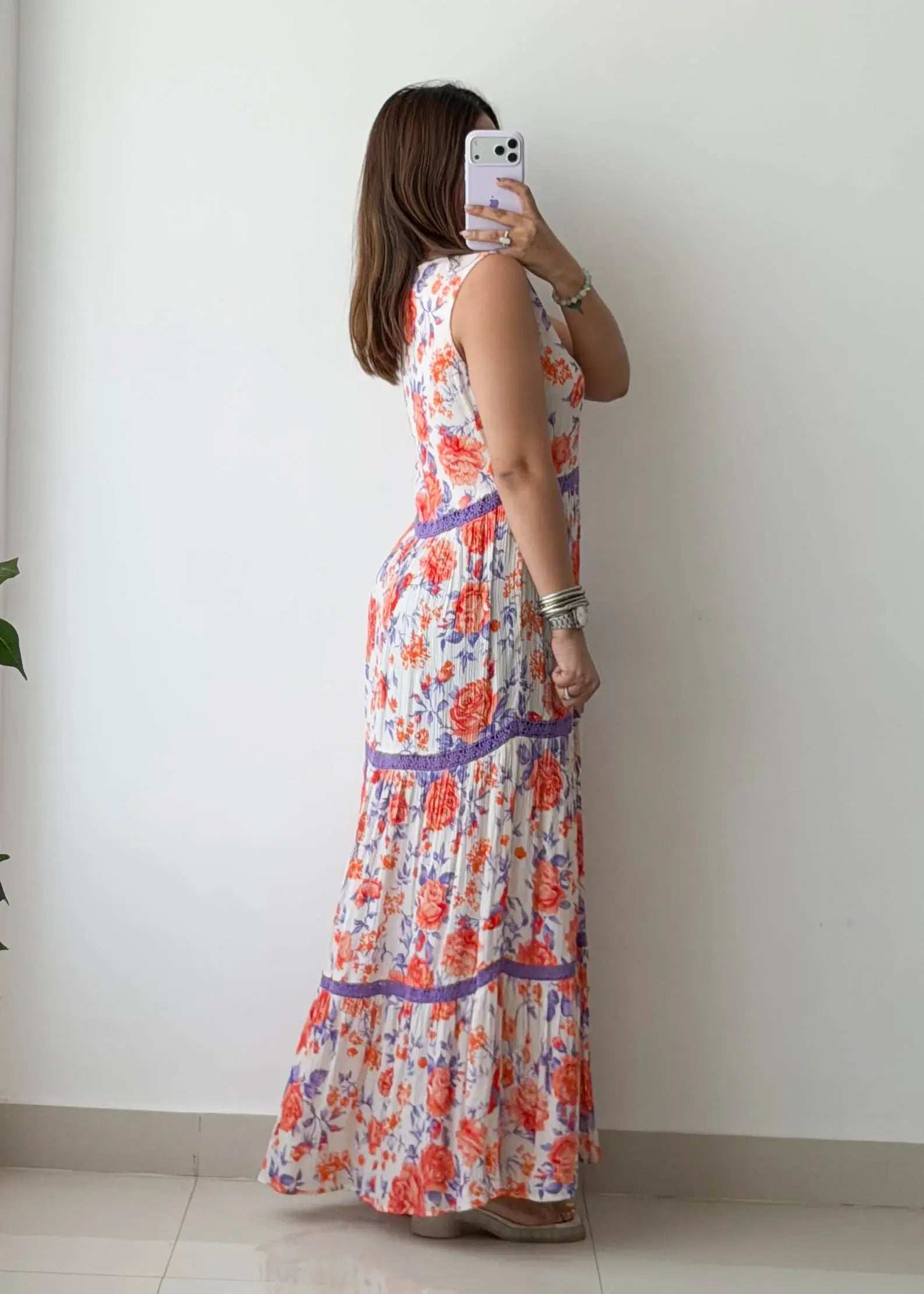 Size M-L, White Floral Tiered Maxi Dress