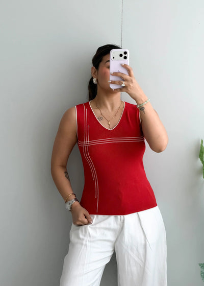 Size S-M, Red Contrast Stitch Sleeveless Top - Closet by Payal