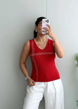 Size S-M, Red Contrast Stitch Sleeveless Top - Closet by Payal