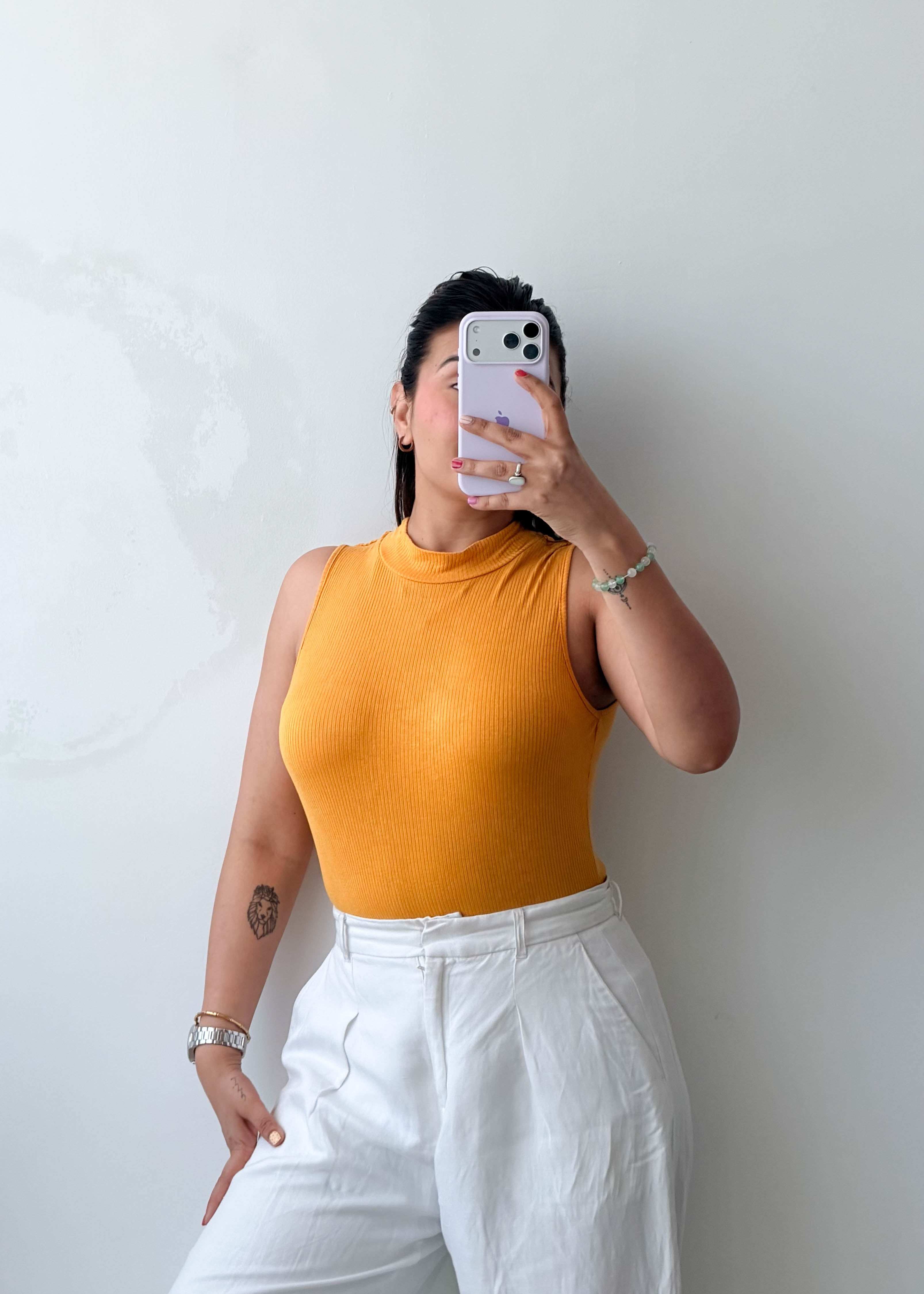 Size L-XL Mustard Ribbed High Neck Bodysuit