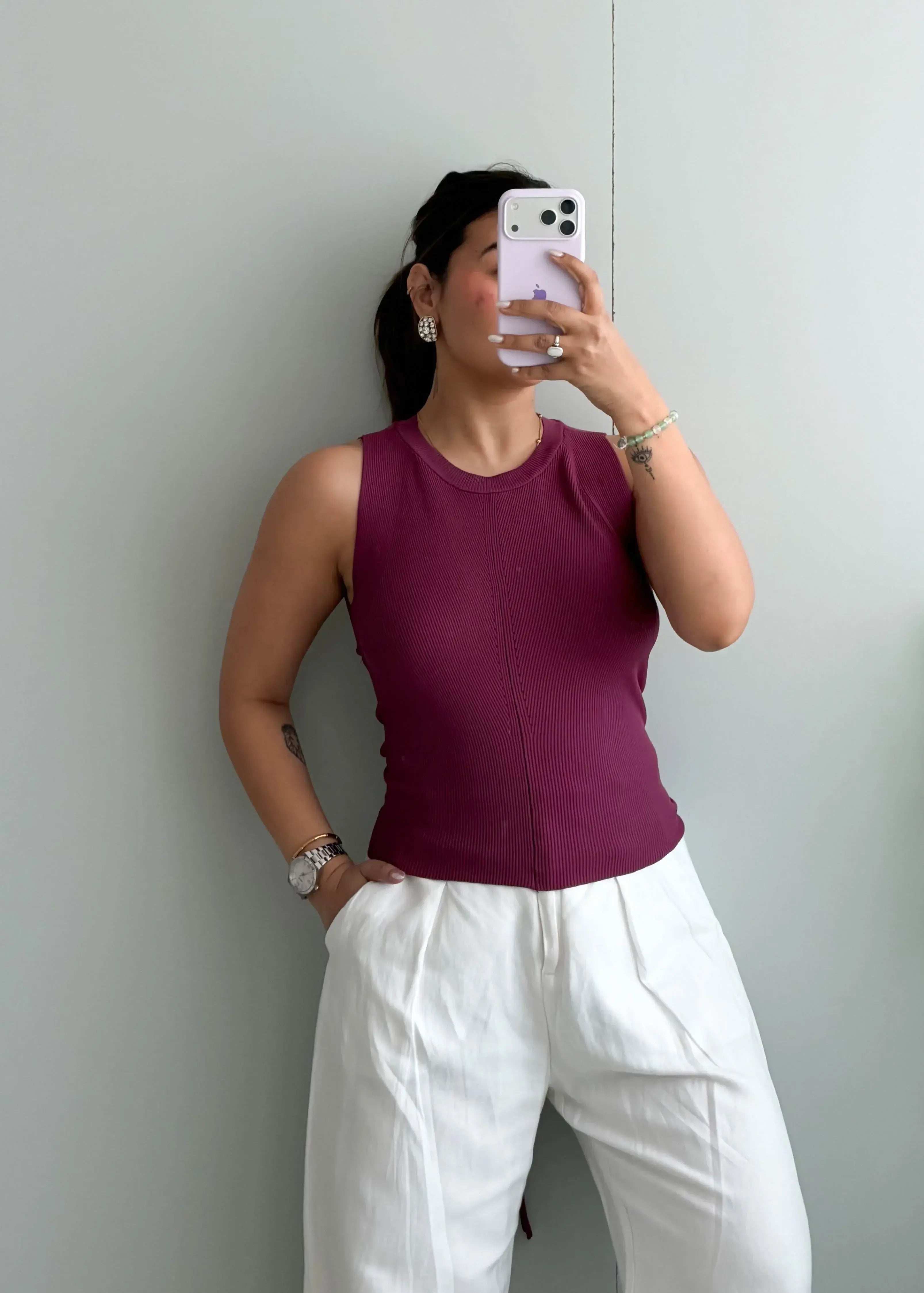 Size M-L, Burgundy Back Tie Ribbed Top - Closet by Payal