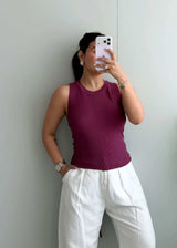 Size M-L, Burgundy Back Tie Ribbed Top - Closet by Payal