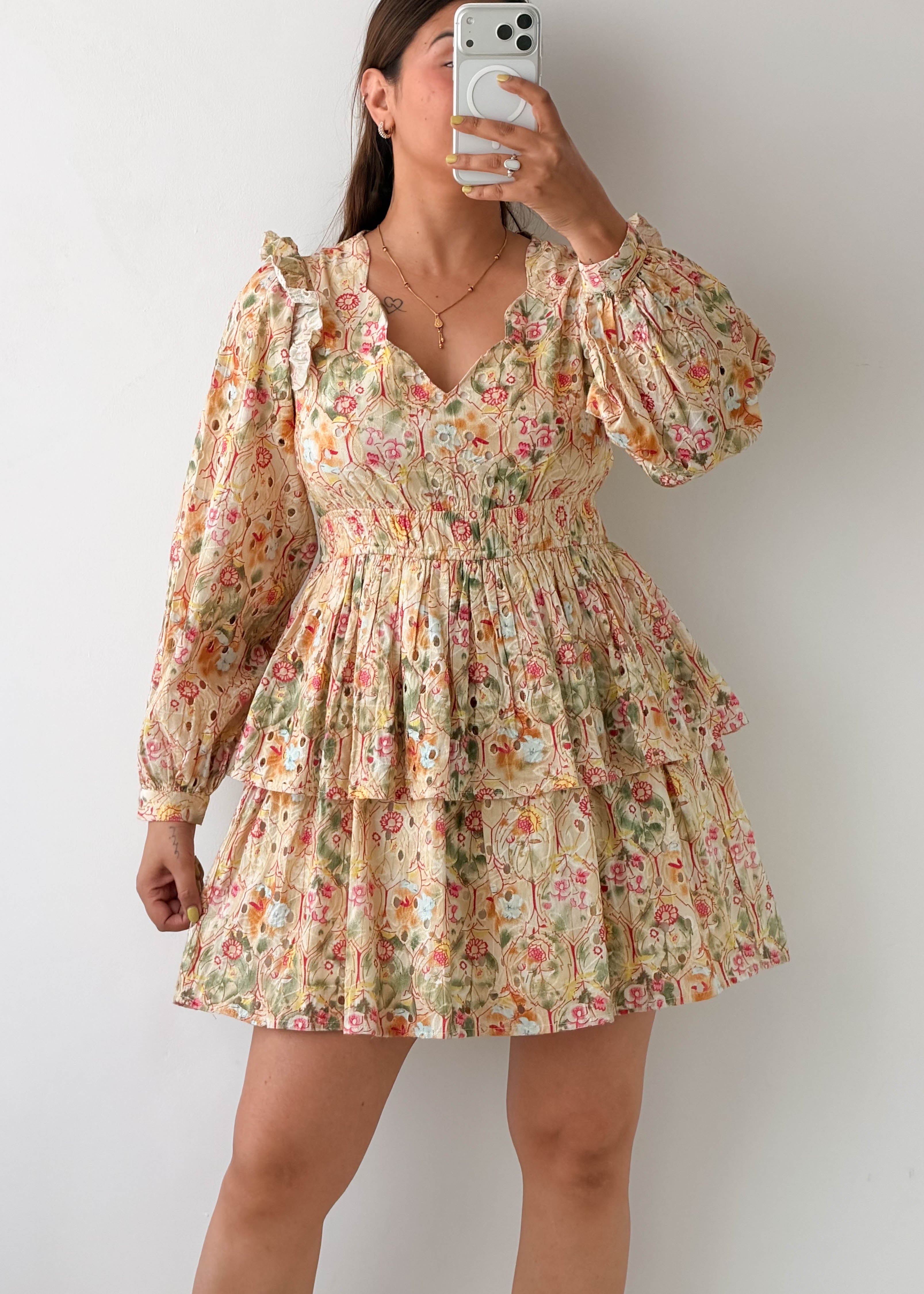 Size S-M Cream Floral Tiered Mini Dress