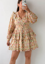 Size S-M Cream Floral Tiered Mini Dress