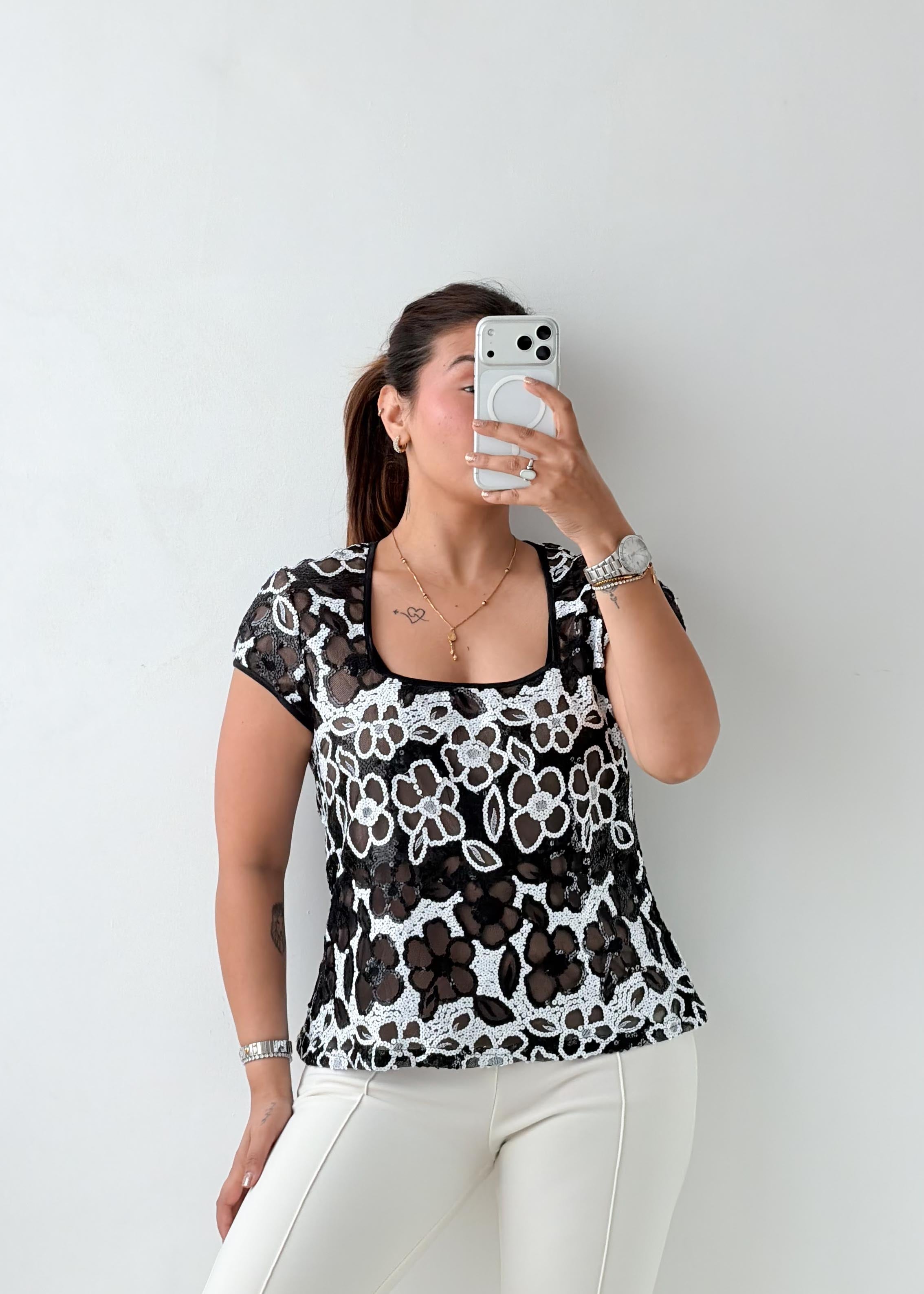 Size M-L Black & White Floral Mesh Top