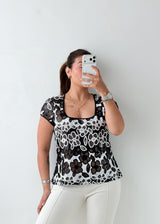 Size M-L Black & White Floral Mesh Top