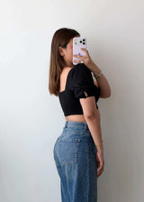 Size XS-S Black Puff Sleeve Crop Top