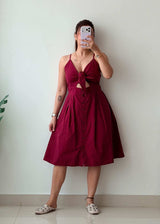 Size M-L Wine Cotton Cut-Out Midi Dress