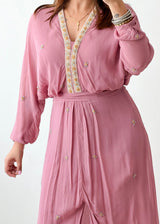 Size S-M Mauve Embroidered Belted Midi Dress