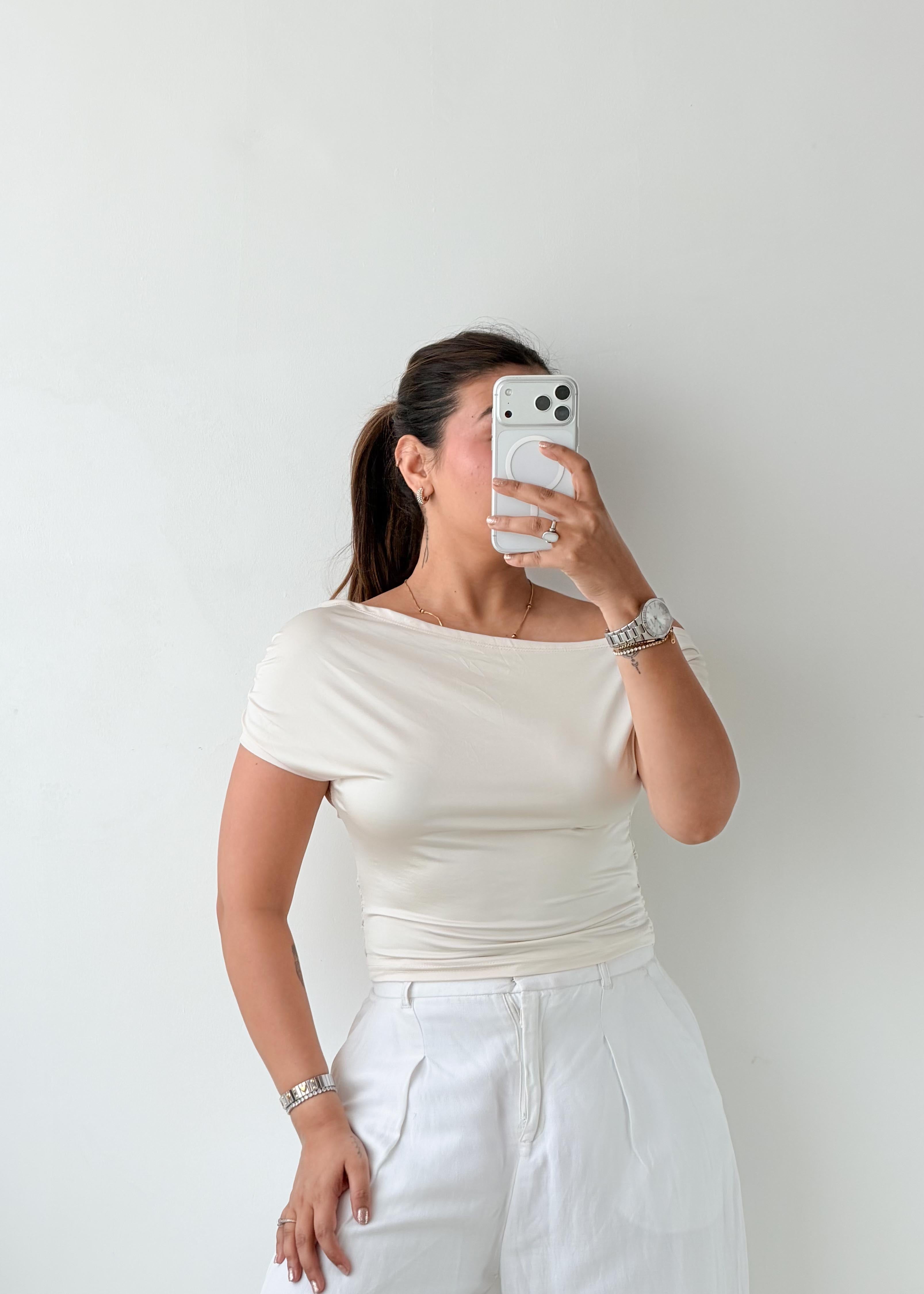 Size S-M White Draped Boat Neck Top