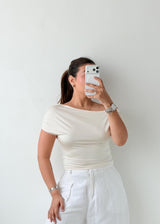 Size S-M White Draped Boat Neck Top