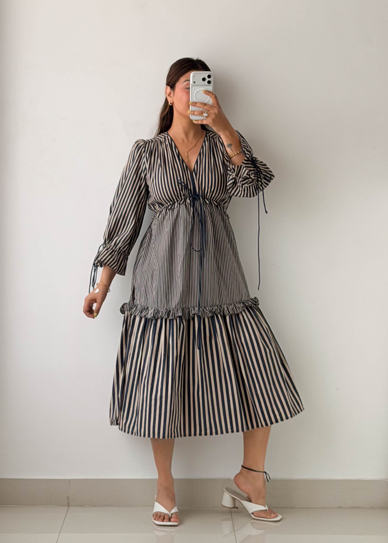 Size S-M Navy Striped Tie-Waist Midi Dress
