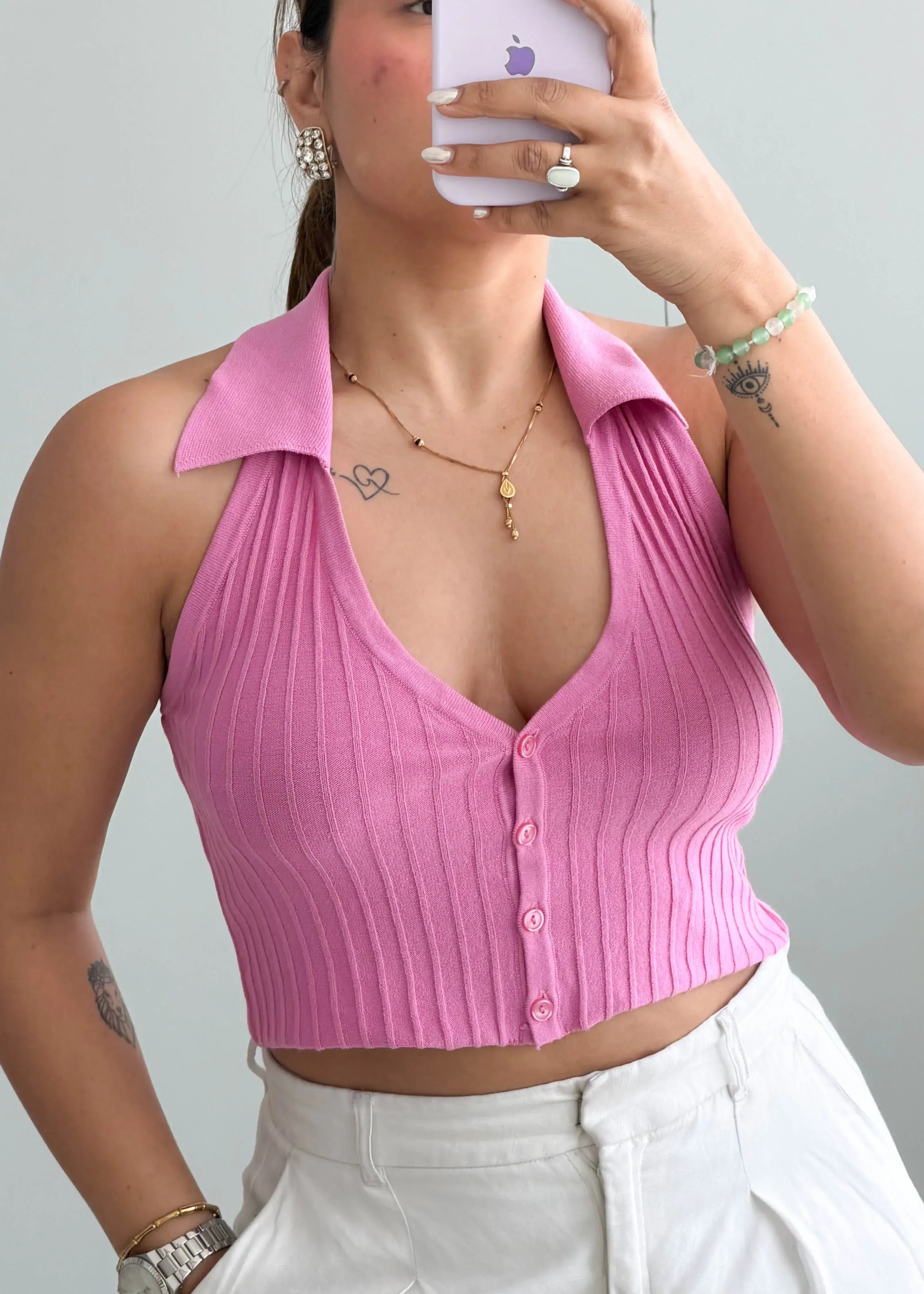 Size S-M, Pink Collared Ribbed Crop Top - Closet by Payal