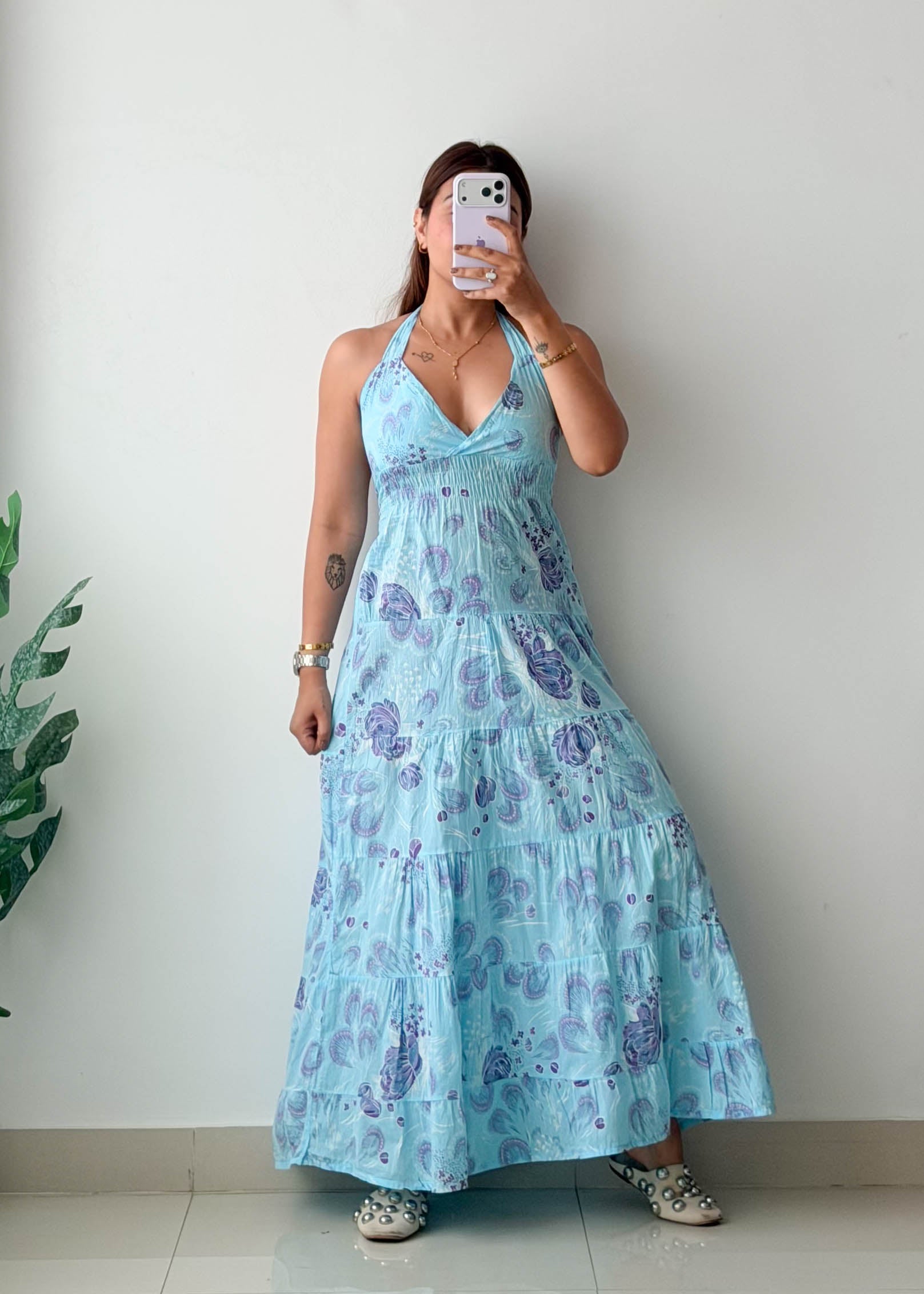 Size XS-S Sky Blue Paisley Halter Maxi Dress